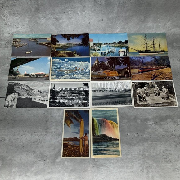 Other - Vintage Lot of 14 Postcards Nature, Beach, Trains, Planes Niagara Falls Hawaii